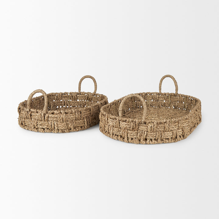 Haini Set of 2 Large Basketweave Seagrass Trays w/ Loop Handles Decor Mercana