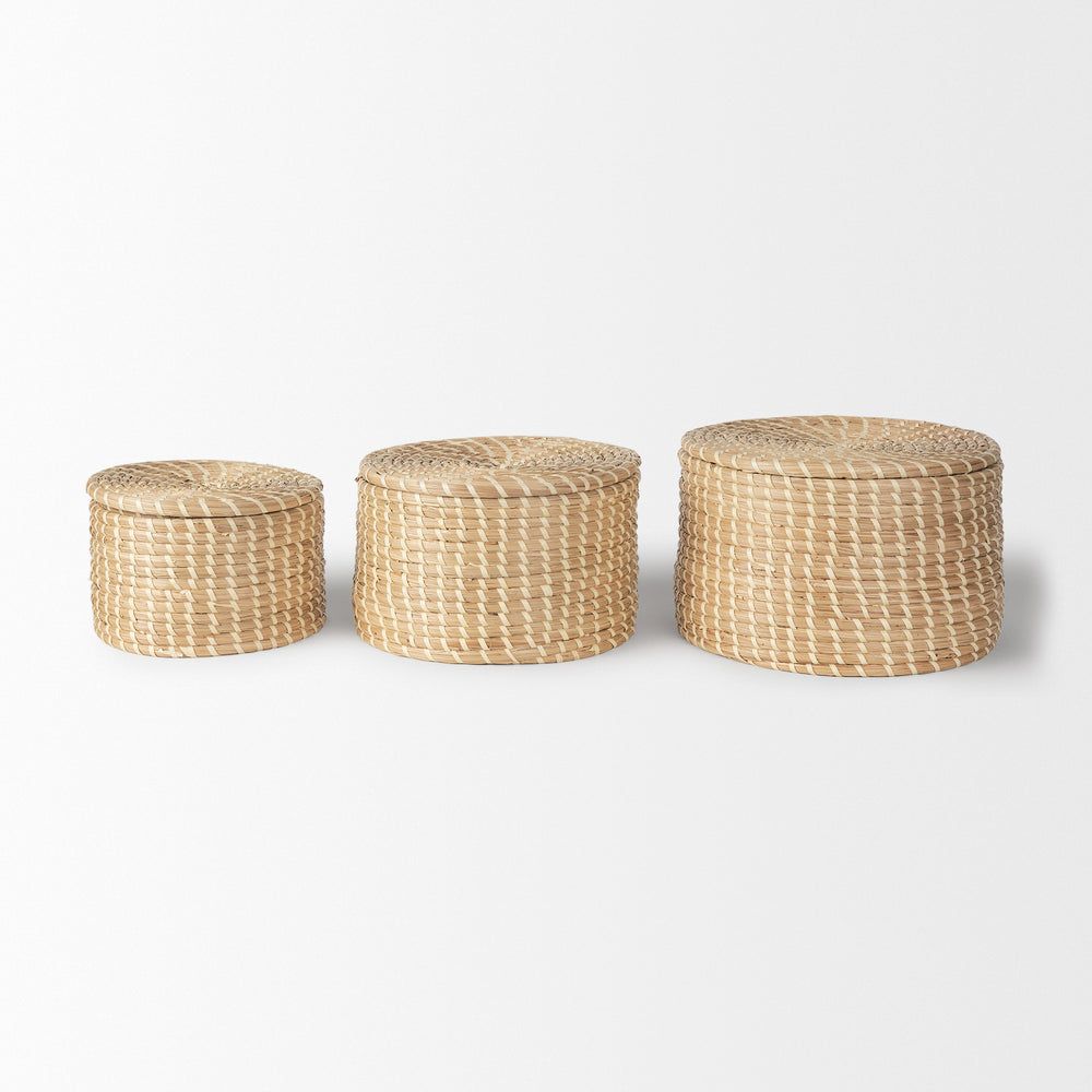 Kailini Set of 3 Nesting Seagrass & Palm Leaf Boxes with Lids Decor Mercana