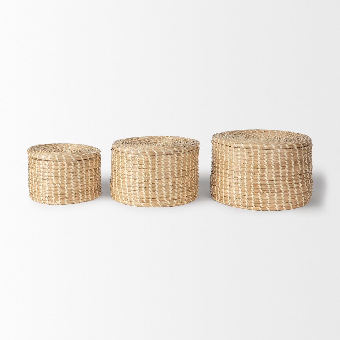 Kailini Set of 3 Nesting Seagrass & Palm Leaf Boxes with Lids Decor Mercana