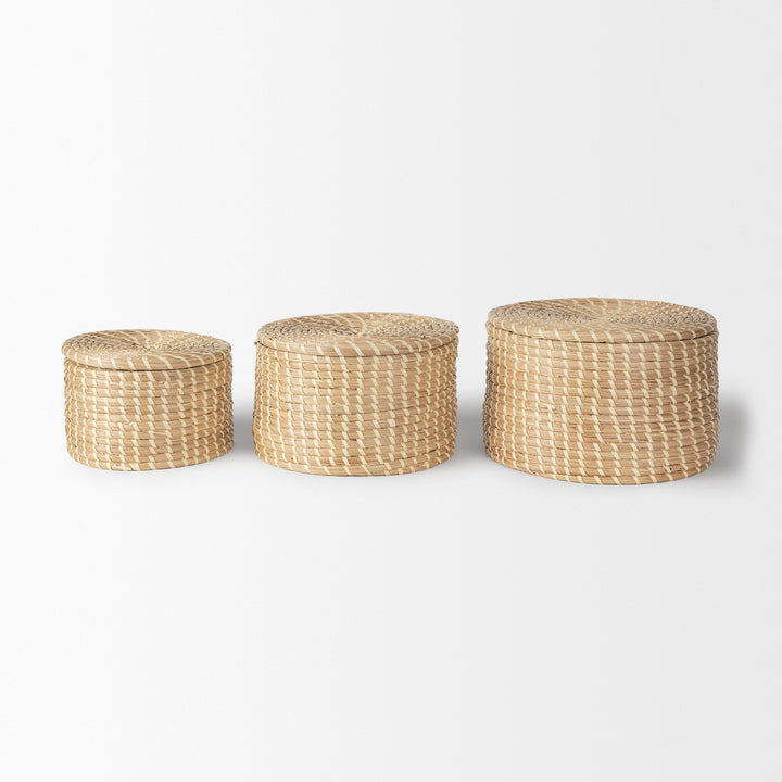 Kailini Set of 3 Nesting Seagrass & Palm Leaf Boxes with Lids Decor Mercana