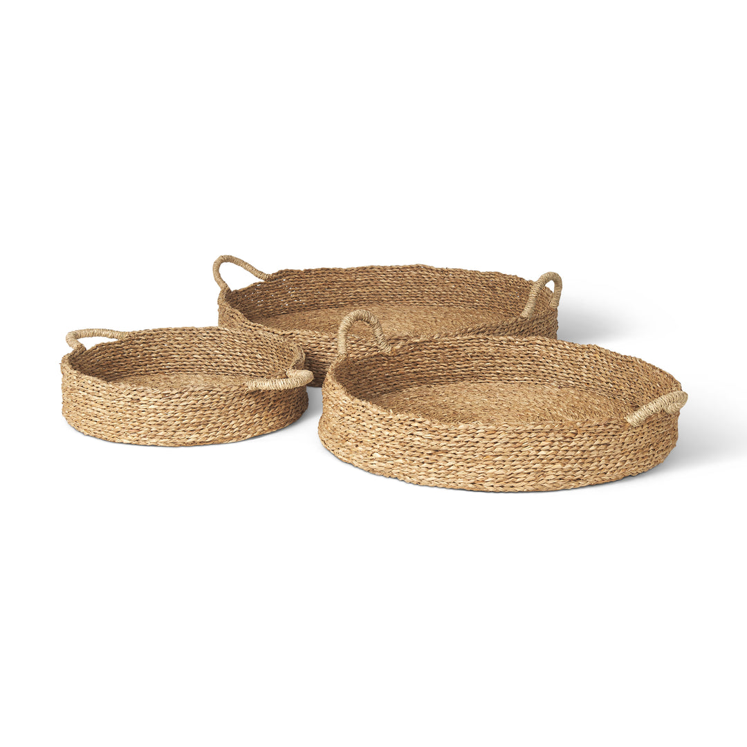 Ulana Set of 3 Round Nesting Seagrass Trays w/ Loop Handles Decor Mercana