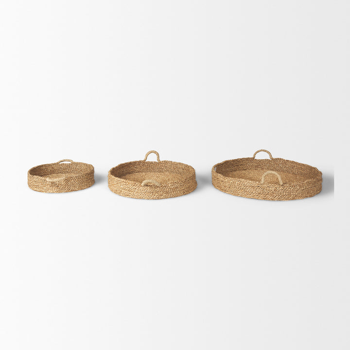 Ulana Set of 3 Round Nesting Seagrass Trays w/ Loop Handles Decor Mercana