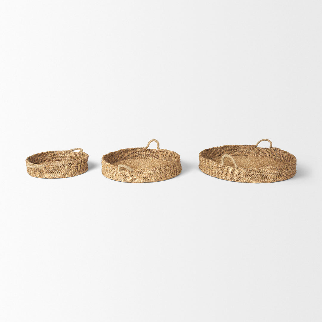 Ulana Set of 3 Round Nesting Seagrass Trays w/ Loop Handles Decor Mercana