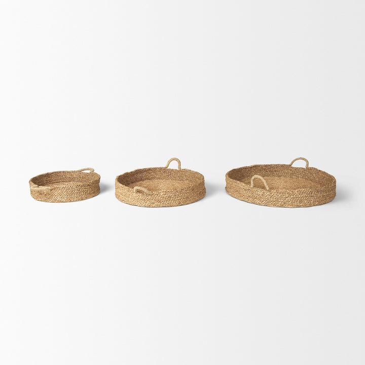 Ulana Set of 3 Round Nesting Seagrass Trays w/ Loop Handles Decor Mercana