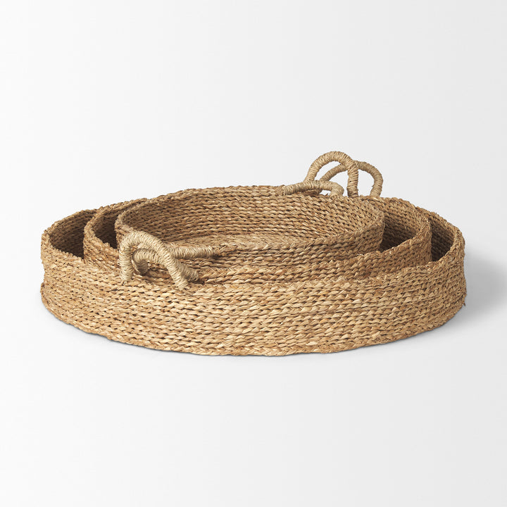 Ulana Set of 3 Round Nesting Seagrass Trays w/ Loop Handles Decor Mercana