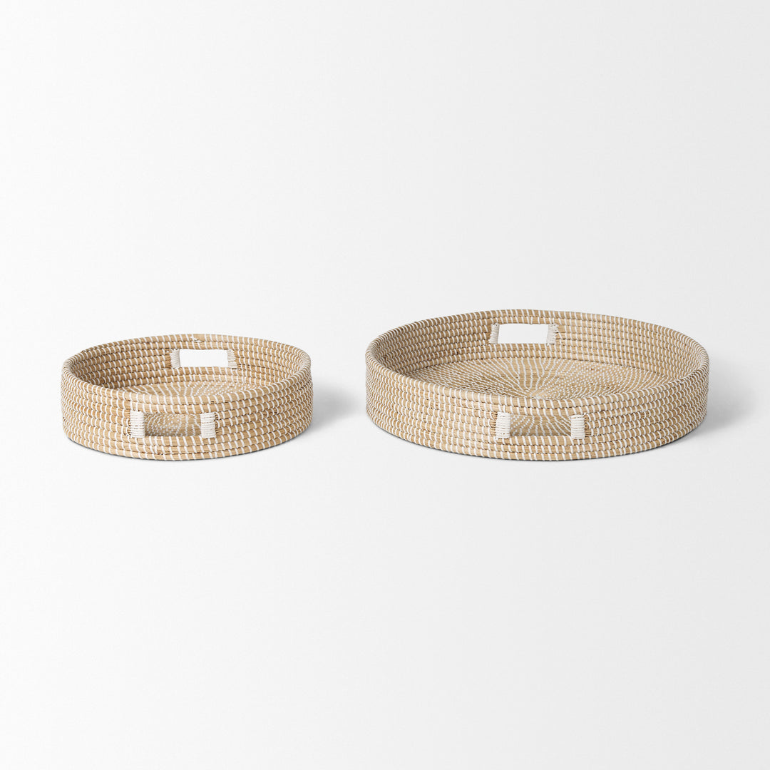 Kalama Set of 2 Large Round Seagrass Trays w/ Handles Decor Mercana