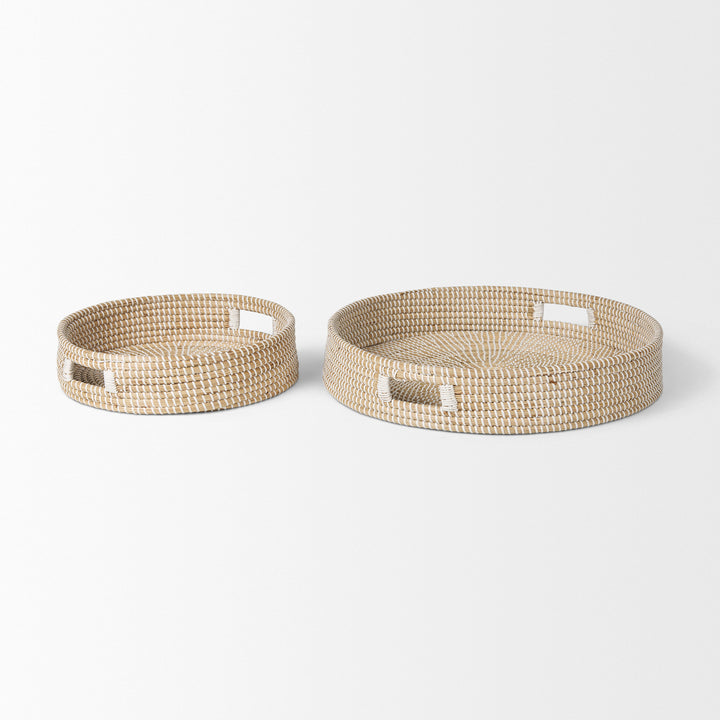 Kalama Set of 2 Large Round Seagrass Trays w/ Handles Decor Mercana