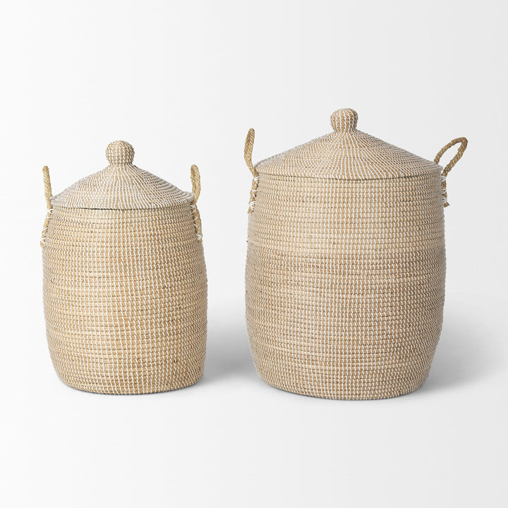 Kairi Set of 2 Seagrass Floor Baskets w/ Lids and Handles Decor Mercana