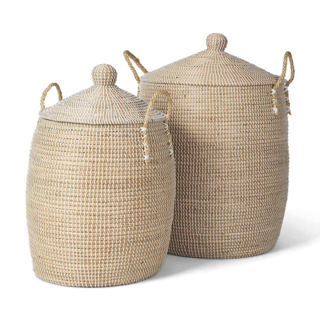Kairi Set of 2 Seagrass Floor Baskets w/ Lids and Handles Decor Mercana
