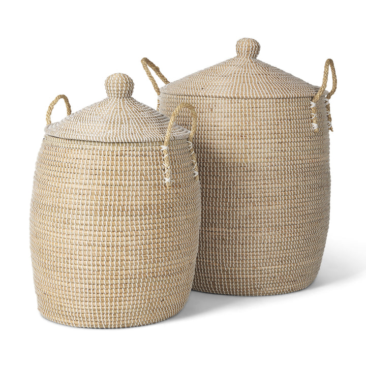 Kairi Set of 2 Seagrass Floor Baskets w/ Lids and Handles Decor Mercana