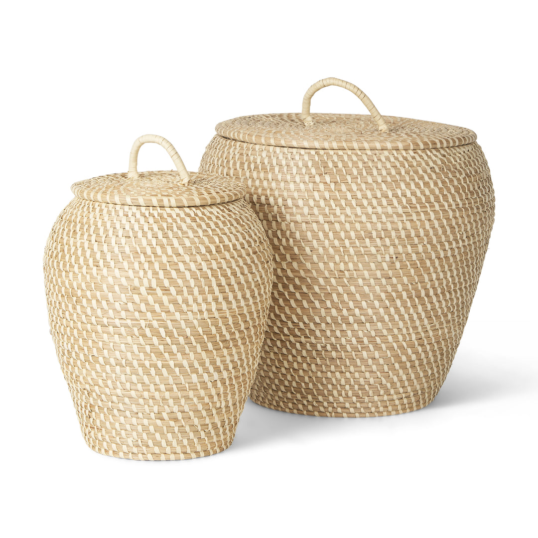 Kalopa Set of 2 Seagrass Floor Baskets w/ Flat Handled Lid Decor Mercana