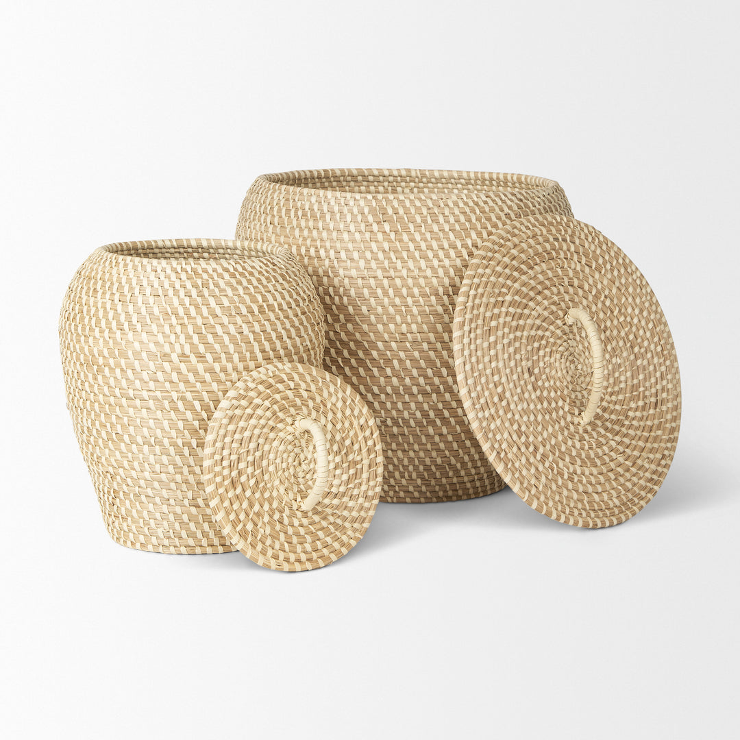 Kalopa Set of 2 Seagrass Floor Baskets w/ Flat Handled Lid Decor Mercana
