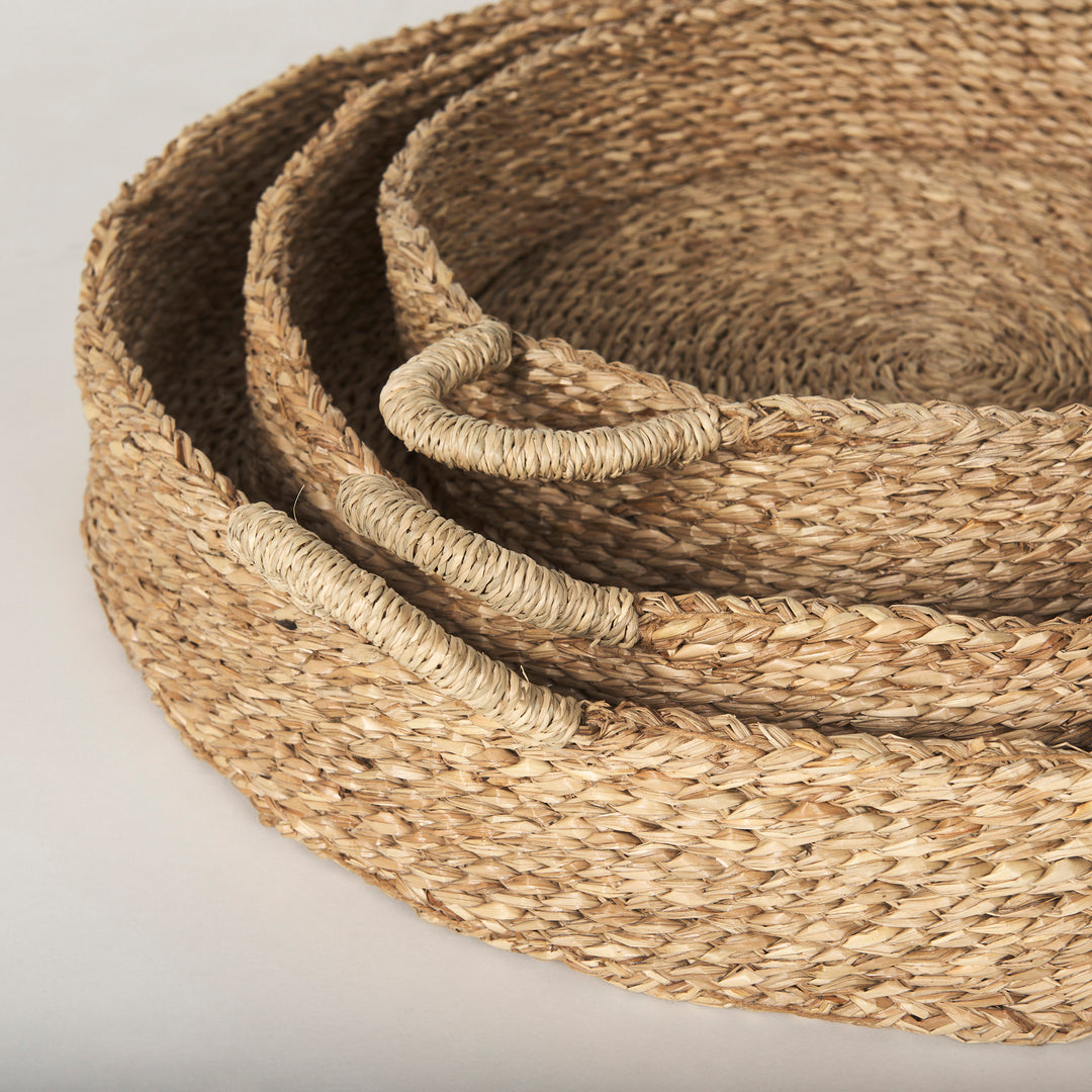 Ulana Set of 3 Round Nesting Seagrass Trays w/ Loop Handles Decor Mercana