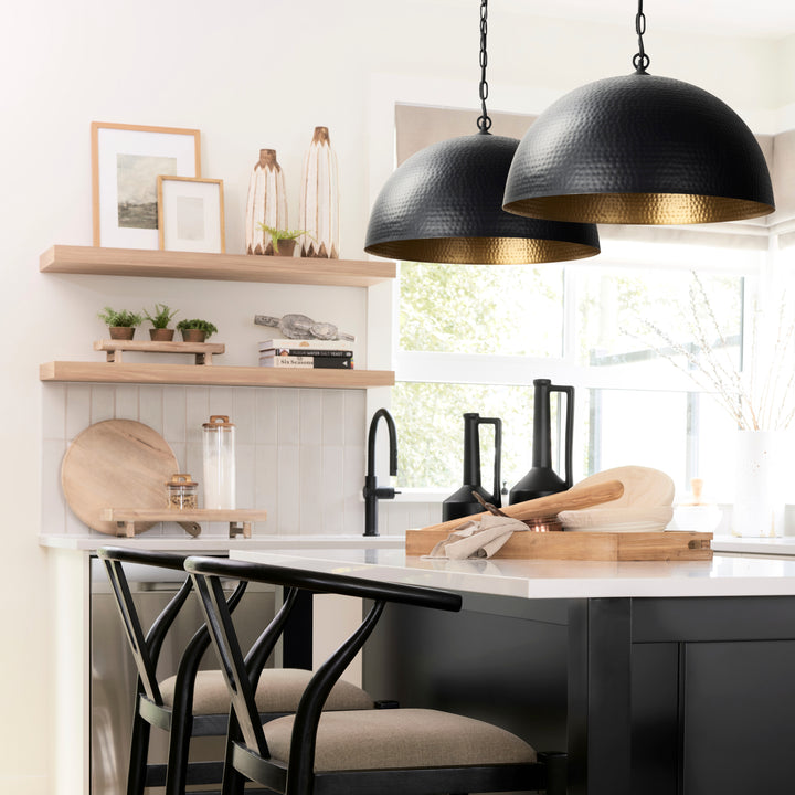 Karina 24" Round Matte Black Hammered Metal Dome Pendant Light Decor Mercana
