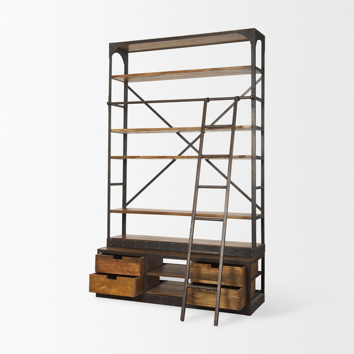 Brodie II Medium Brown Wood Black Ladder Four Shelf Shelving Unit Living Room Mercana