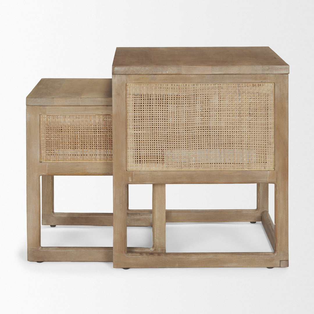 Grier Set of 2 Light Brown Solid Wood w/ Cane Nesting Accent Tables Dining Room Mercana