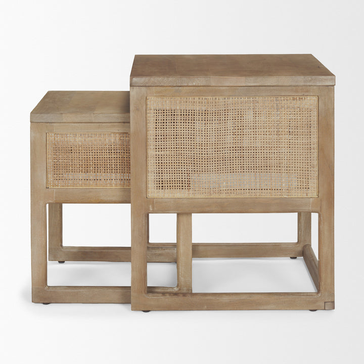 Grier Set of 2 Light Brown Solid Wood w/ Cane Nesting Accent Tables Dining Room Mercana