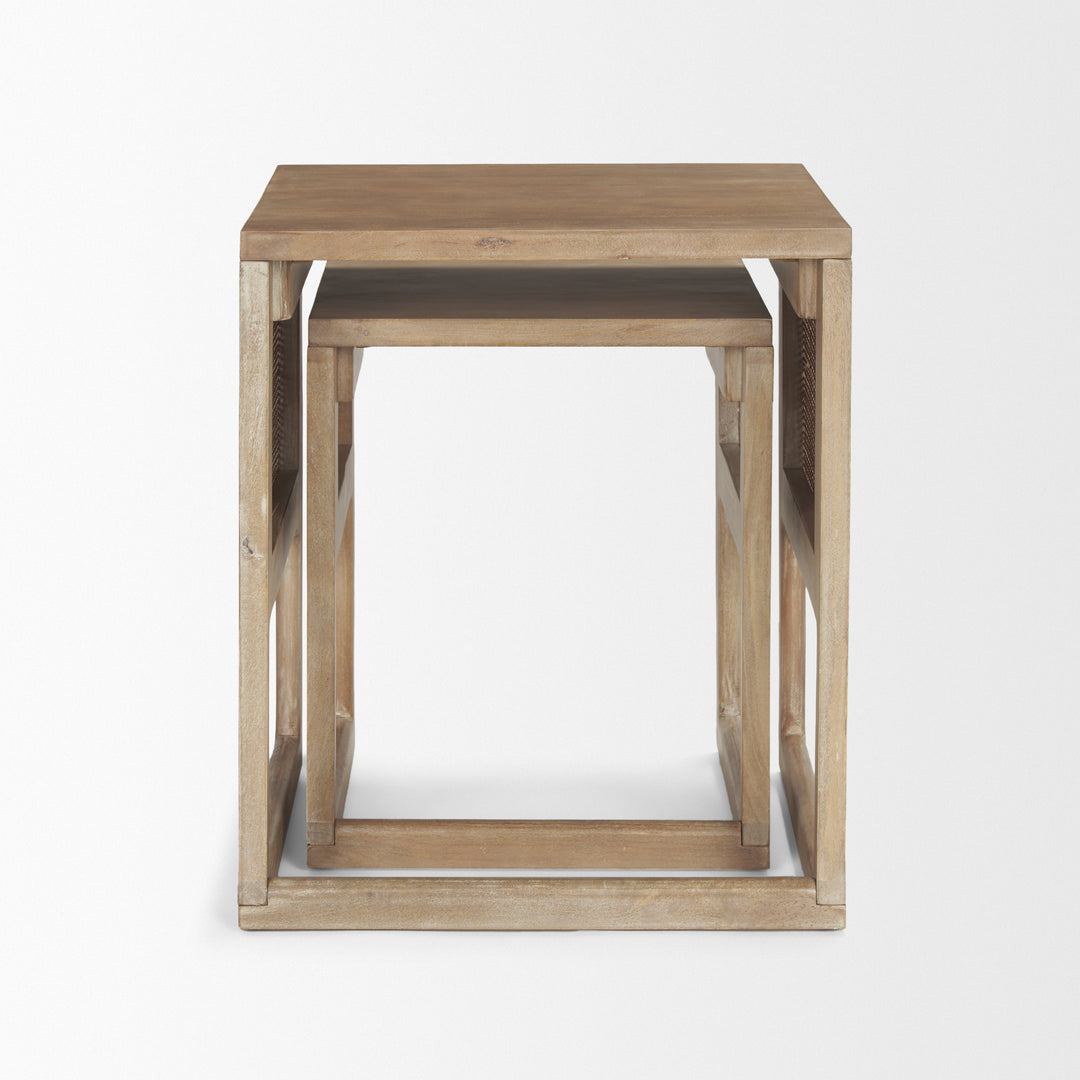 Grier Set of 2 Light Brown Solid Wood w/ Cane Nesting Accent Tables Dining Room Mercana