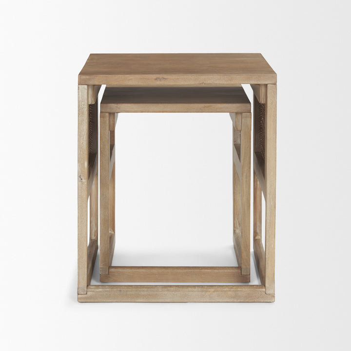 Grier Set of 2 Light Brown Solid Wood w/ Cane Nesting Accent Tables Dining Room Mercana