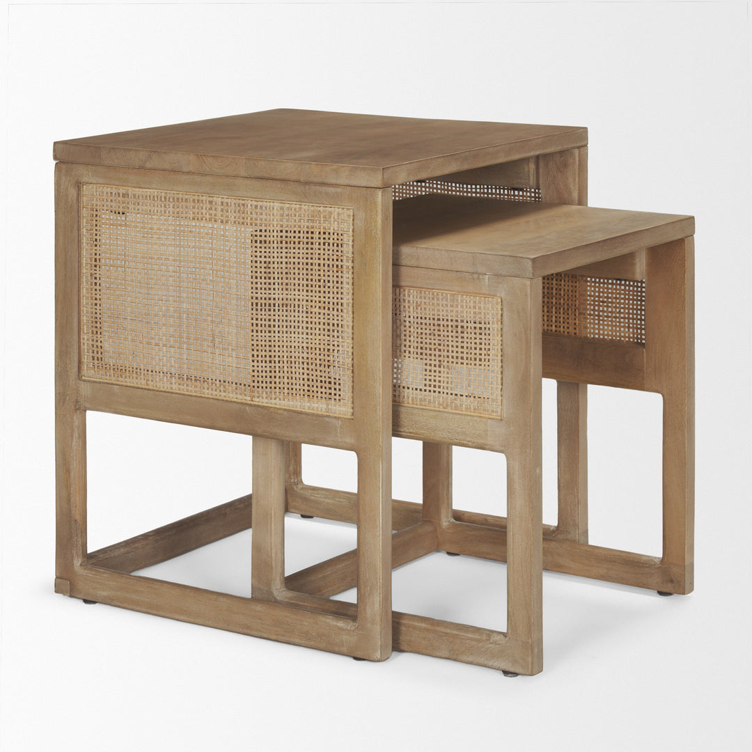 Grier Set of 2 Light Brown Solid Wood w/ Cane Nesting Accent Tables Dining Room Mercana