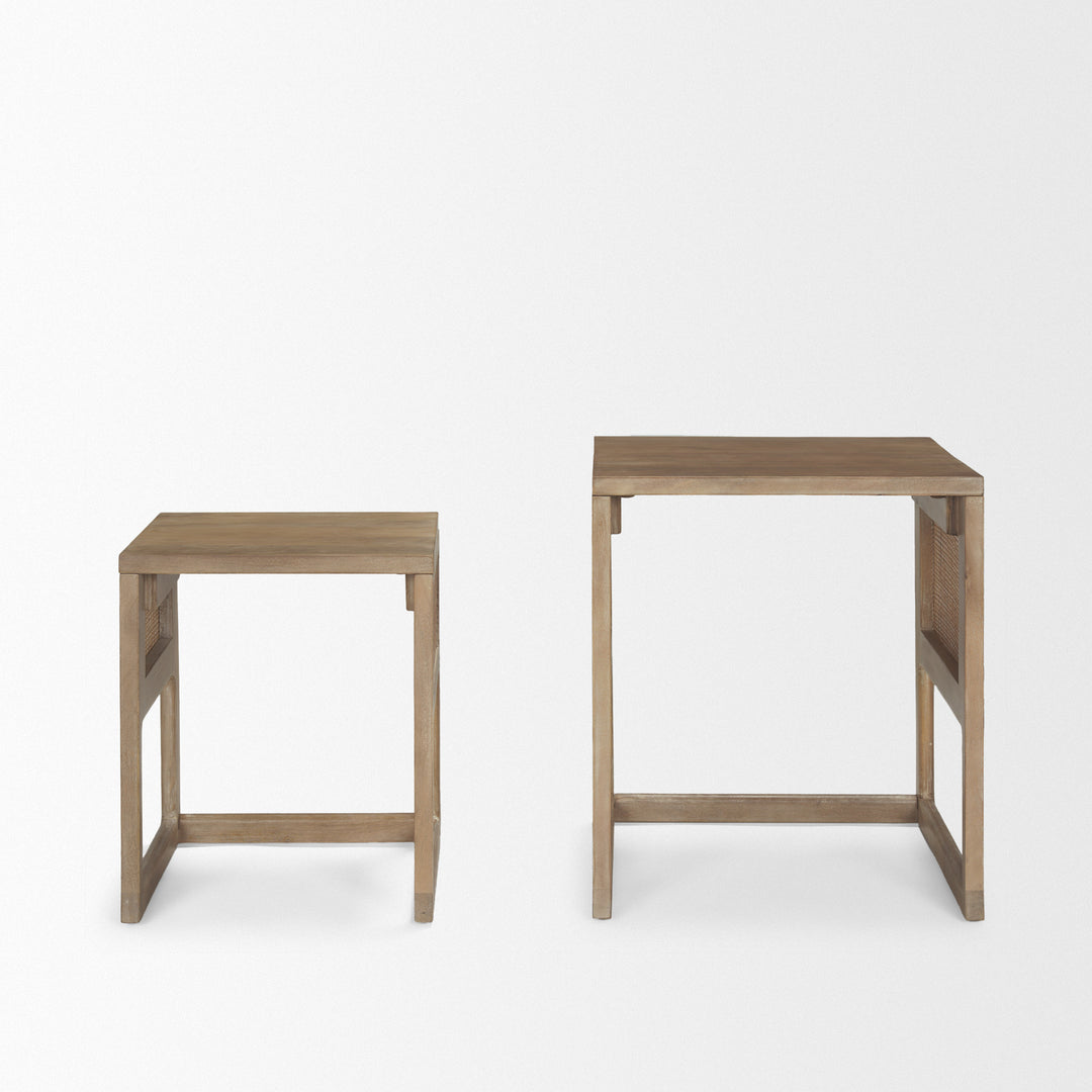 Grier Set of 2 Light Brown Solid Wood w/ Cane Nesting Accent Tables Dining Room Mercana