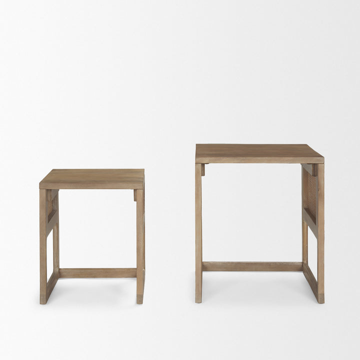 Grier Set of 2 Light Brown Solid Wood w/ Cane Nesting Accent Tables Dining Room Mercana