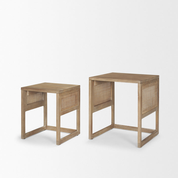 Grier Set of 2 Light Brown Solid Wood w/ Cane Nesting Accent Tables Dining Room Mercana