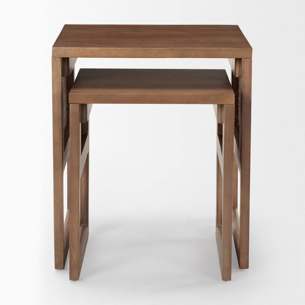 Grier Set of 2 Medium Brown Solid Wood w/ Cane Nesting Accent Tables Dining Room Mercana