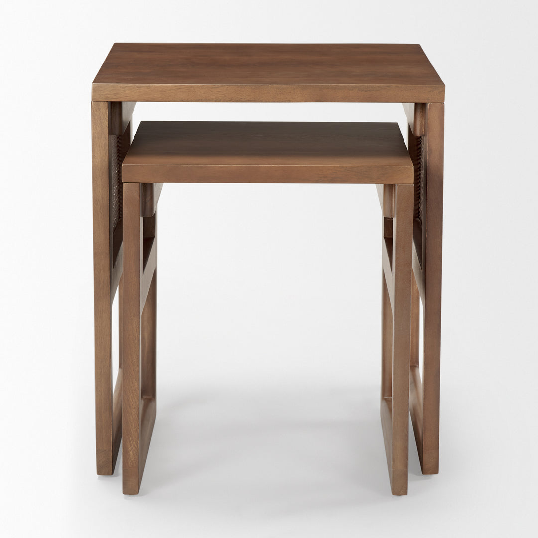 Grier Set of 2 Medium Brown Solid Wood w/ Cane Nesting Accent Tables Dining Room Mercana