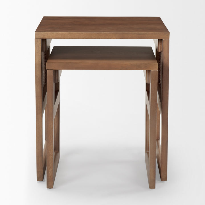 Grier Set of 2 Medium Brown Solid Wood w/ Cane Nesting Accent Tables Dining Room Mercana