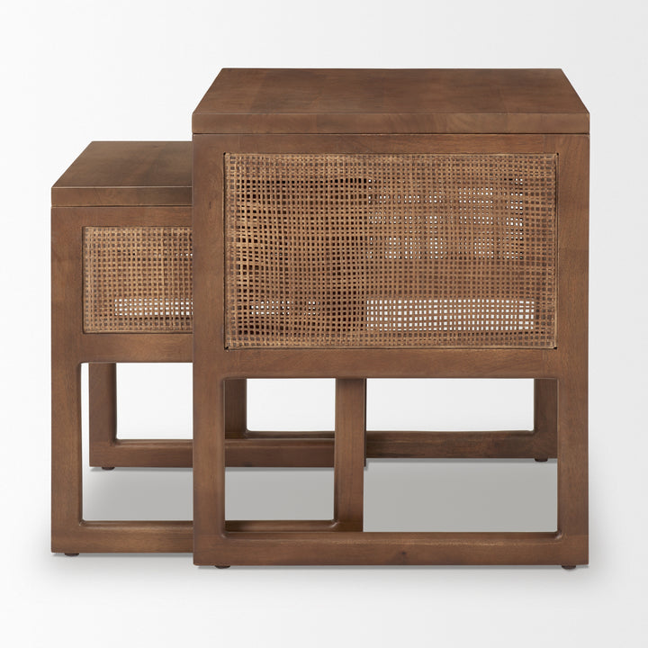 Grier Set of 2 Medium Brown Solid Wood w/ Cane Nesting Accent Tables Dining Room Mercana