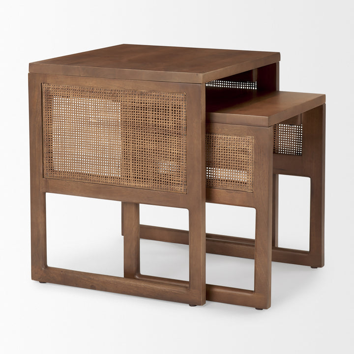 Grier Set of 2 Medium Brown Solid Wood w/ Cane Nesting Accent Tables Dining Room Mercana