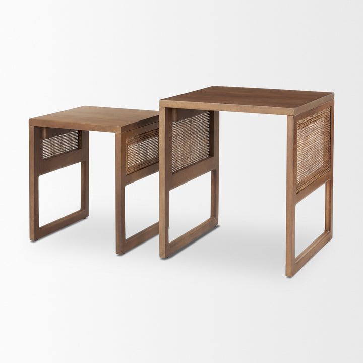 Grier Set of 2 Medium Brown Solid Wood w/ Cane Nesting Accent Tables Dining Room Mercana