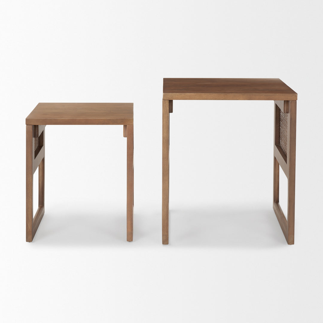 Grier Set of 2 Medium Brown Solid Wood w/ Cane Nesting Accent Tables Dining Room Mercana