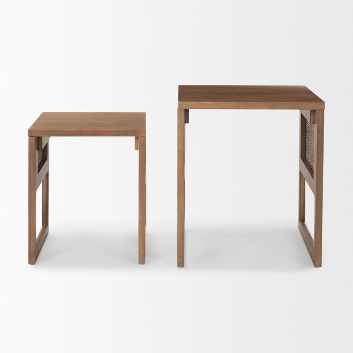 Grier Set of 2 Medium Brown Solid Wood w/ Cane Nesting Accent Tables Dining Room Mercana