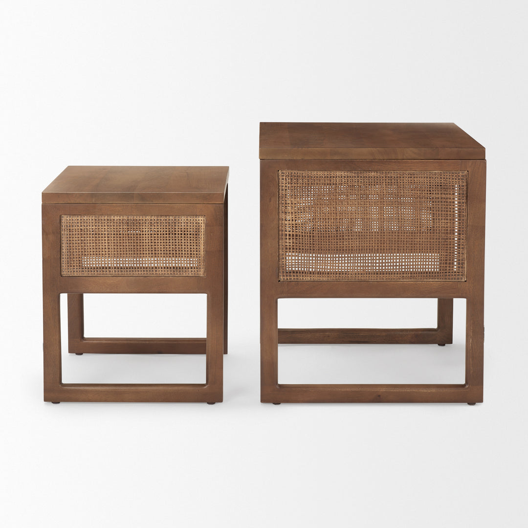 Grier Set of 2 Medium Brown Solid Wood w/ Cane Nesting Accent Tables Dining Room Mercana