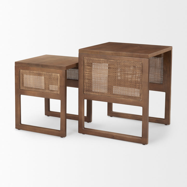 Grier Set of 2 Medium Brown Solid Wood w/ Cane Nesting Accent Tables Dining Room Mercana