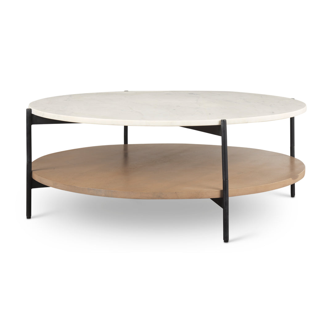 Larkin Marble Top w/ Brown Wood Shelf Round Coffee Table Living Room Mercana