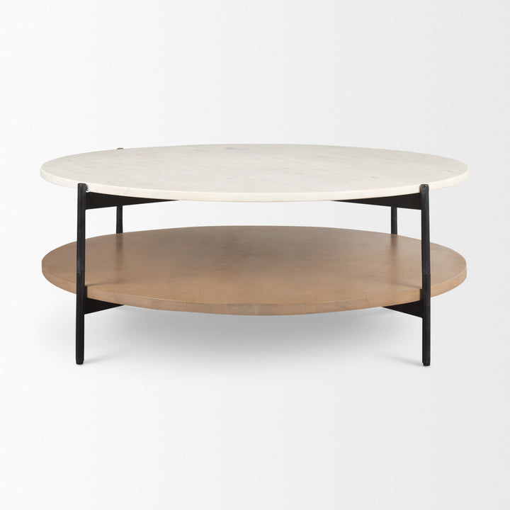 Larkin Marble Top w/ Brown Wood Shelf Round Coffee Table Living Room Mercana