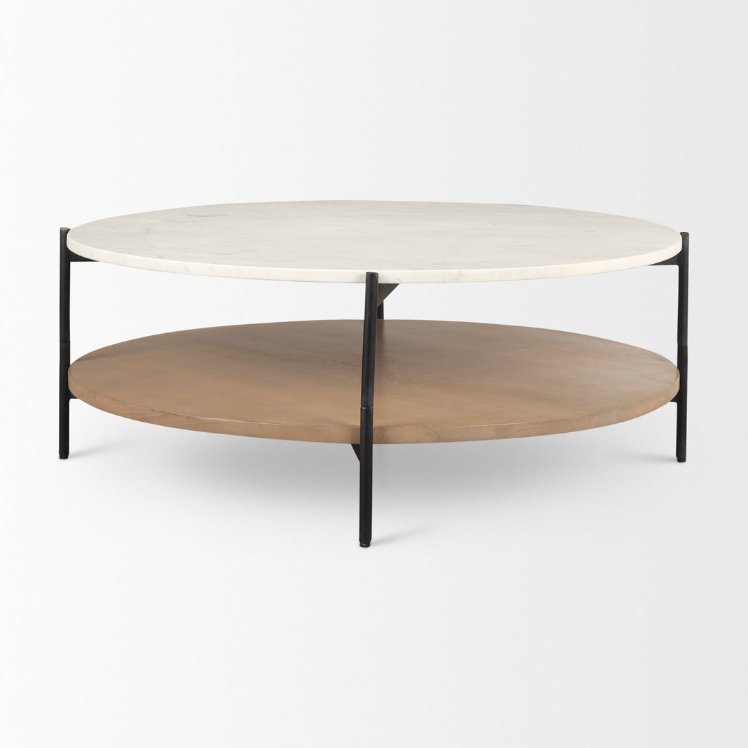 Larkin Marble Top w/ Brown Wood Shelf Round Coffee Table Living Room Mercana