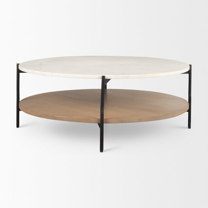Larkin Marble Top w/ Brown Wood Shelf Round Coffee Table Living Room Mercana