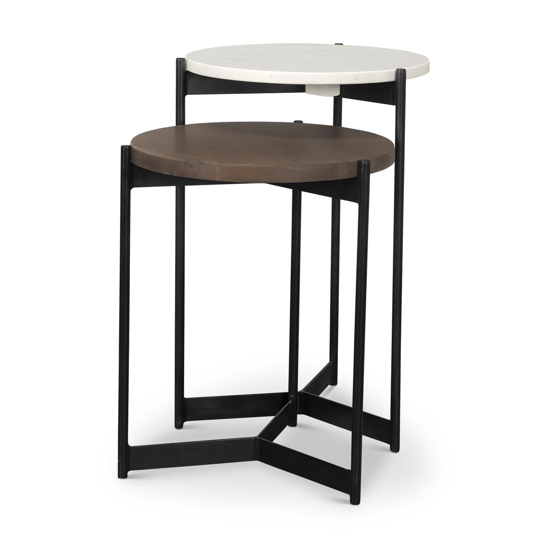 Larkin Marble & Dark Brown Wood Tabletop Nesting End/Side Tables Living Room Mercana