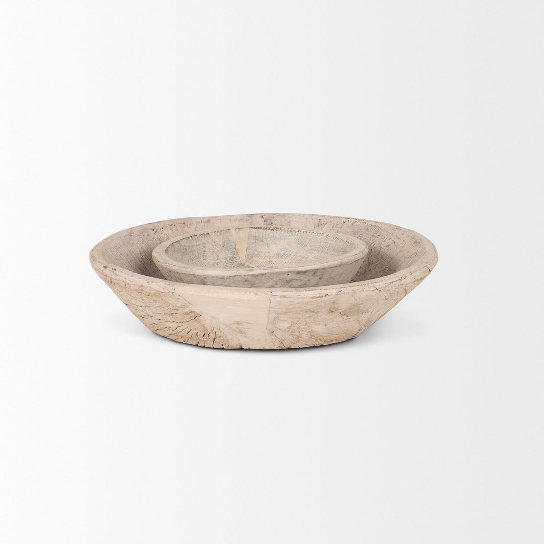 Nikita Set of 2 Large Light-Wash Reclaimed Wood Bowls Decor Mercana