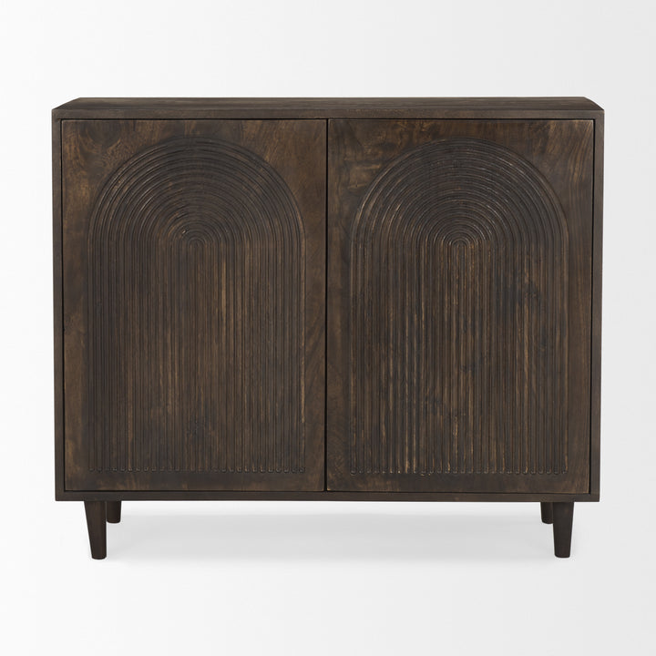 Tucker Dark Brown Wood w/ Carved Arch Pattern 2 Door Cabinet Decor Mercana