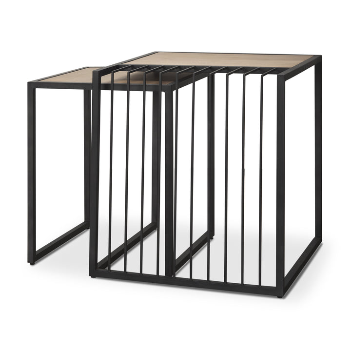 Miles Black Metal w/ Light Wood Nesting End/Side Table Living Room Mercana