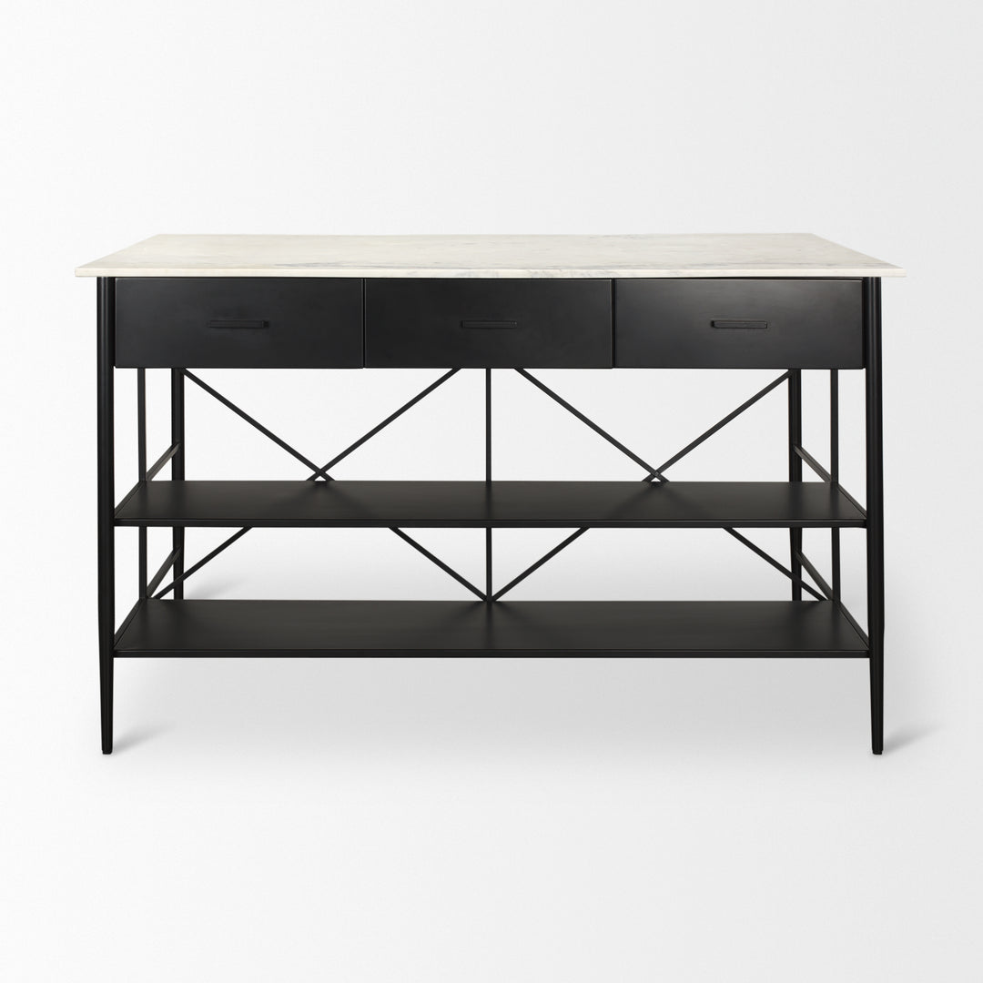 Amika White Marble Top Black Metal Base Kitchen Island Dining Room Mercana