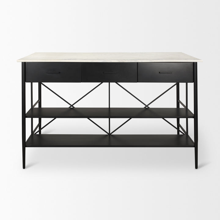 Amika White Marble Top Black Metal Base Kitchen Island Dining Room Mercana
