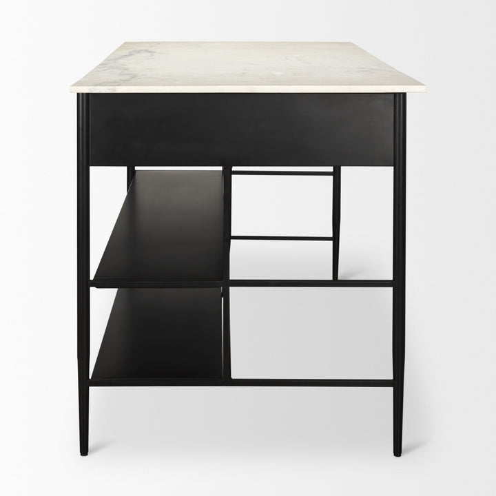 Amika White Marble Top Black Metal Base Kitchen Island Dining Room Mercana