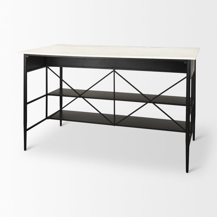 Amika White Marble Top Black Metal Base Kitchen Island Dining Room Mercana