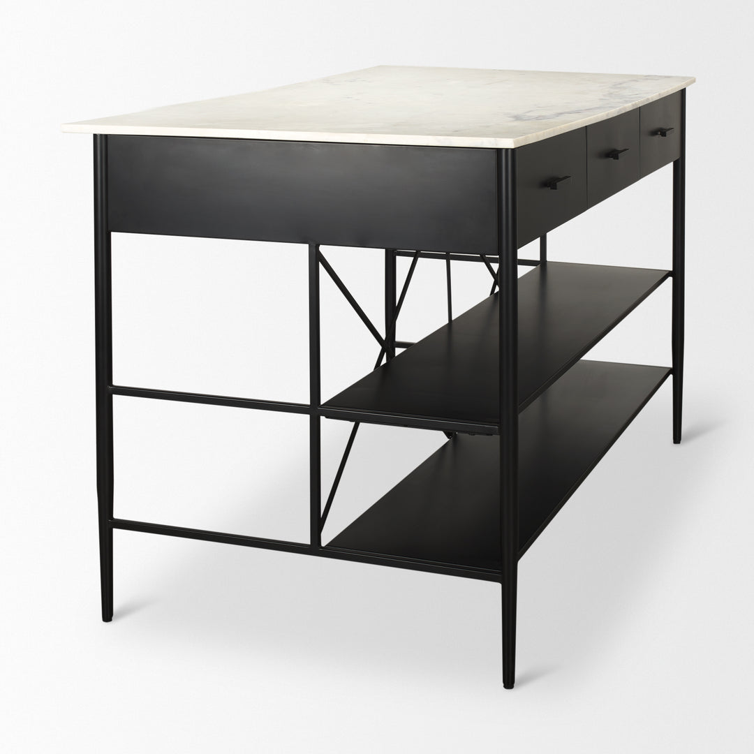 Amika White Marble Top Black Metal Base Kitchen Island Dining Room Mercana